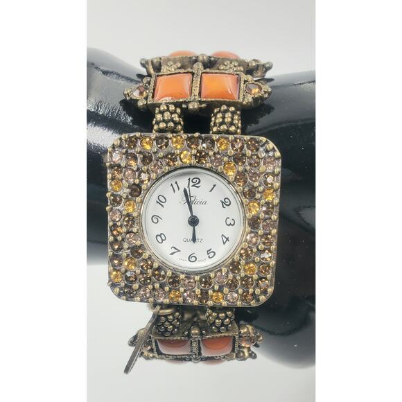 Vintage Felicia Crystal Accented Bronzetone Stretch Watch -NOS Unworn Timepiece - Picture 5 of 6